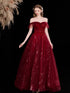Wine Red Tulle Off Shoulder Sweetheart Party Dress, A-line Wine Red Long Prom Dress