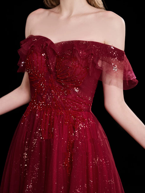 Wine Red Tulle Off Shoulder Sweetheart Party Dress, A-line Wine Red Long Prom Dress