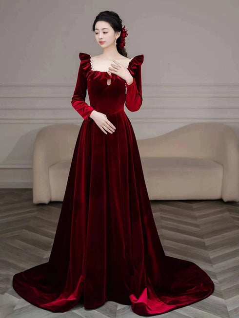 Wine Red Velvet Long Sleeves Long Prom Dress, Wine Red Velvet Wedding Party Dress