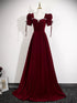 Wine Red Short Sleeves Beaded A-line Party Dress, Wine Red Prom Dress Evening Dress