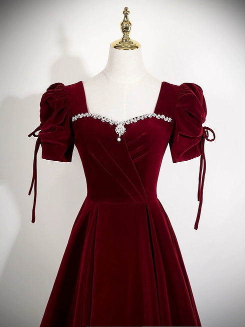 Wine Red Short Sleeves Beaded A-line Party Dress, Wine Red Prom Dress Evening Dress