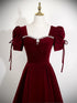 Wine Red Short Sleeves Beaded A-line Party Dress, Wine Red Prom Dress Evening Dress