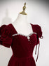 Wine Red Short Sleeves Beaded A-line Party Dress, Wine Red Prom Dress Evening Dress