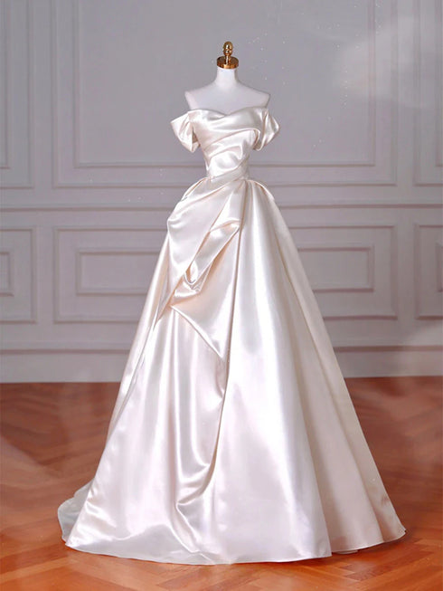 Ivory Satin Off Shoulder A-line Prom Dress, Ivory Sweetheart Long Party Dress