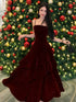 Wine Red Velvet Straps Long Prom Dress, Wine Red Floor Length Party Dress Formal Dress