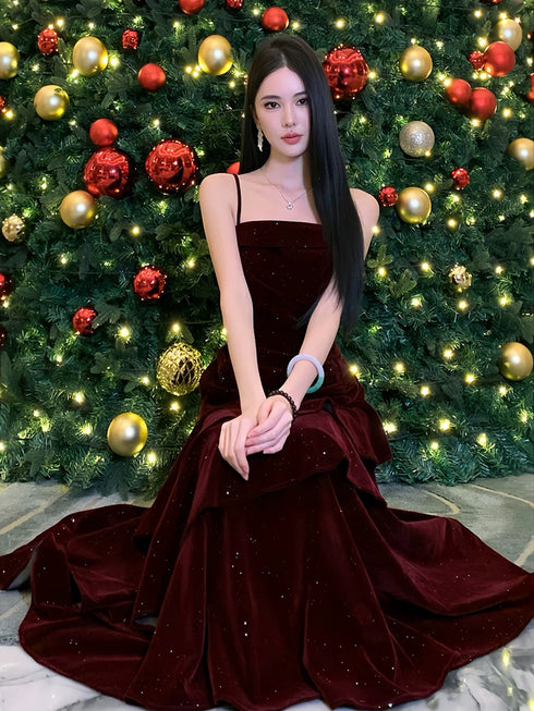 Wine Red Velvet Straps Long Prom Dress, Wine Red Floor Length Party Dress Formal Dress