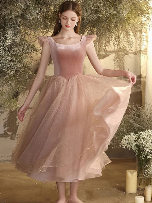 Pink Retro Tea Length Velvet Prom Dress Party Dress, Pink Princess Formal Dress
