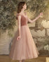 Pink Retro Tea Length Velvet Prom Dress Party Dress, Pink Princess Formal Dress