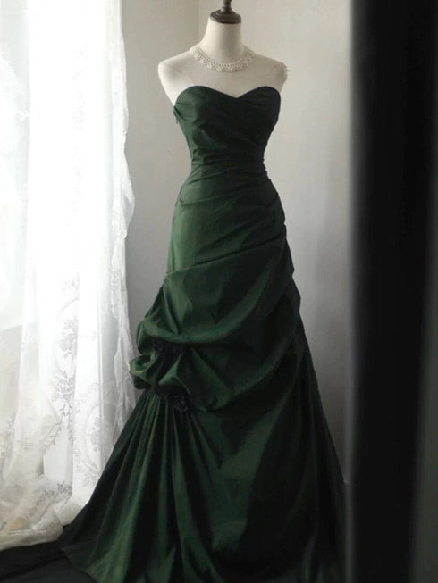 Green Taffeta Sweetheart Strapless Prom Dress Party Dress, Green Long Formal Dress