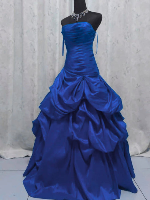 Blue Strapless Taffeta Long Prom Dress, Blue A-line Floor Length Party Dress