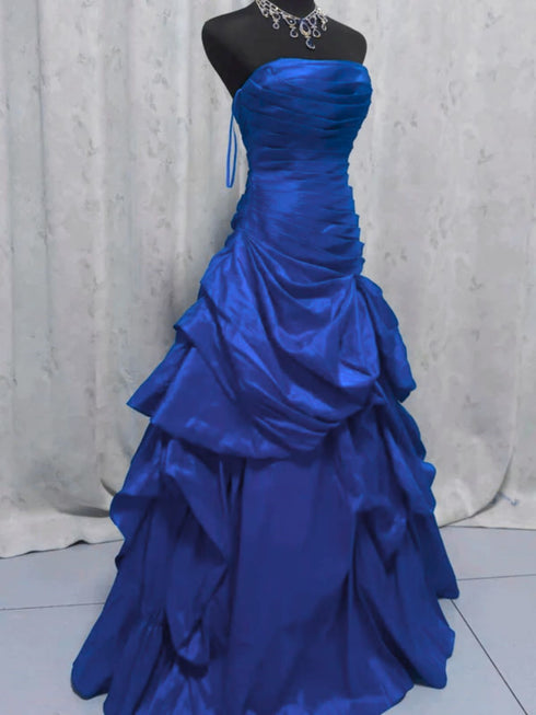 Blue Strapless Taffeta Long Prom Dress, Blue A-line Floor Length Party Dress