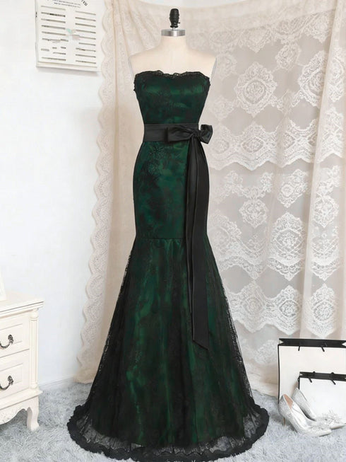 Emerald Green Mermaid Prom Dress with Black Lace Prom Dress, Strapless Green Lace Formal Dress