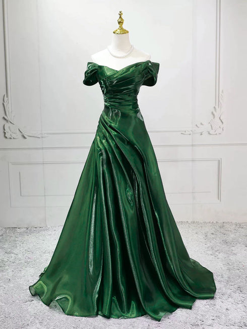 Elegant Green Off Shoulder Evening Gown, Ruched Satin Prom Dress Formal Dress