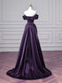 Purple Satin Off Shoulder Formal Gown, Elegant Ruched Mermaid Prom Dress Party Dress