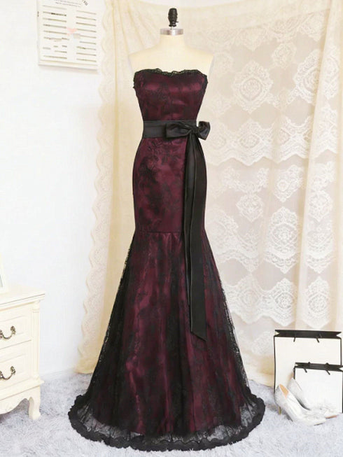 Wine Red and Black Lace Mermaid Prom Dress, Gothic Strapless Formal Evening Gown