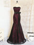 Wine Red and Black Lace Mermaid Prom Dress, Gothic Strapless Formal Evening Gown