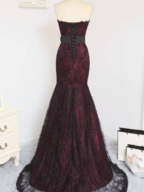 Wine Red and Black Lace Mermaid Prom Dress, Gothic Strapless Formal Evening Gown