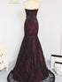 Wine Red and Black Lace Mermaid Prom Dress, Gothic Strapless Formal Evening Gown