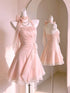 Elegant Blush Pink Halter Prom Dress, Short Chiffon Homecoming Dress with Big Bow and Ruffles