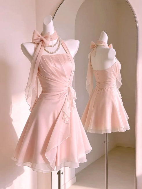 Elegant Blush Pink Halter Prom Dress, Short Chiffon Homecoming Dress with Big Bow and Ruffles