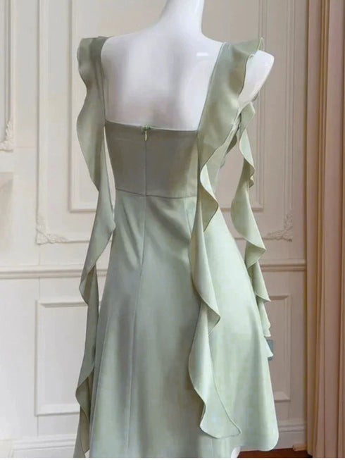 Cute Sage Green Square Neck Ruffled Midi Dress, Sleeveless Short Homecoming Dress