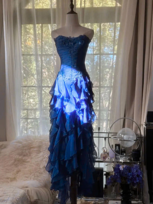 Blue Strapless Chiffon Applique A-line Tiered Prom Dress, Blue Chiffon Long Evening Dress Party Dress