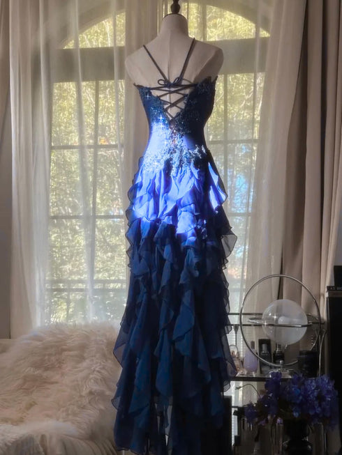 Blue Strapless Chiffon Applique A-line Tiered Prom Dress, Blue Chiffon Long Evening Dress Party Dress