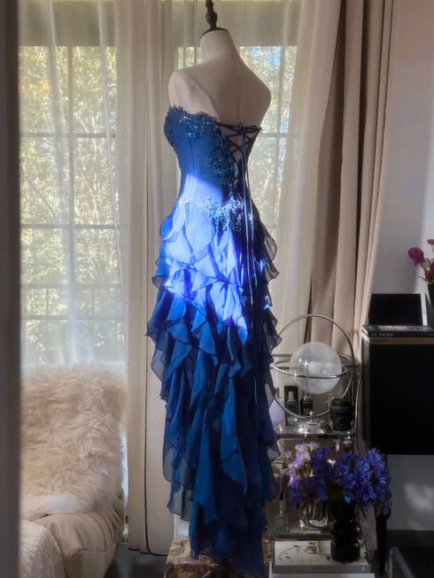 Blue Strapless Chiffon Applique A-line Tiered Prom Dress, Blue Chiffon Long Evening Dress Party Dress