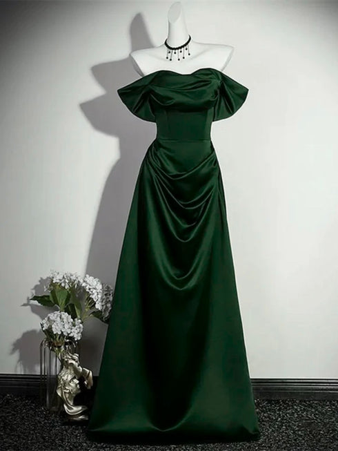 Green Satin A-line Off Shoulder Long Party Dress, Sweetheart Satin Prom Dress Evening Dress