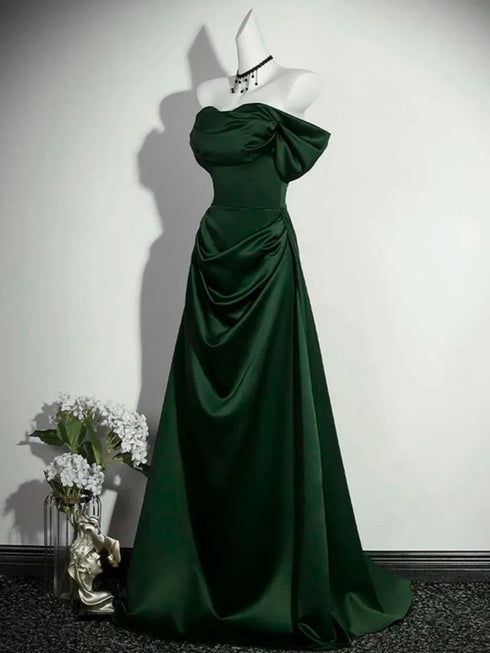 Green Satin A-line Off Shoulder Long Party Dress, Sweetheart Satin Prom Dress Evening Dress