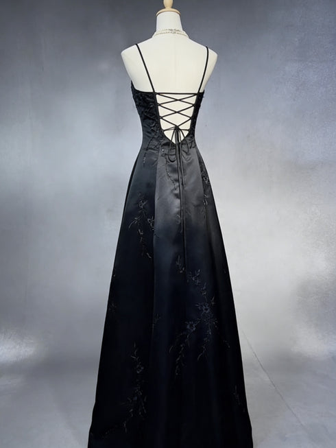 Black Satin Spaghetti Strap Maxi Dress, Sleeveless Black Satin Prom Dress with Embroidery
