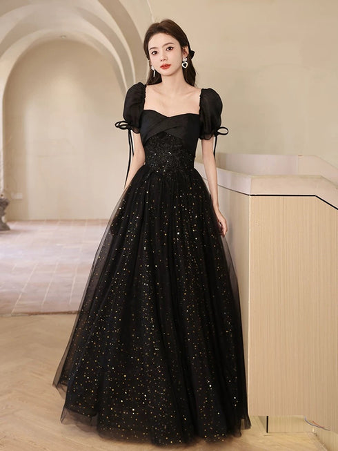 A-line Sequin Fairy Gown Short Sleeves Black Maxi Dress, Sparkly Tulle Black Prom Gown