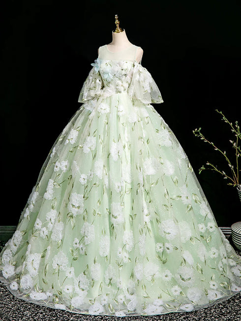 Mint Green Fairytale Prom Gown, Mint Green Tulle Prom Dress with 3D Flowers