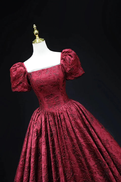 Wine Red Floral Satin Floral Prom Dress Evening Dress, Short Sleeves Long Formal Dress