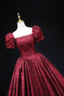 Wine Red Floral Satin Floral Prom Dress Evening Dress, Short Sleeves Long Formal Dress