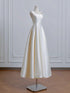 Ivory Satin Tea Length Simple Style Wedding Party Dress, Ivory Satin Prom Dress