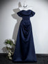 Navy Blue Satin A-line Off Shoulder Prom Dress, Blue Satin Sweetheart Party Dress