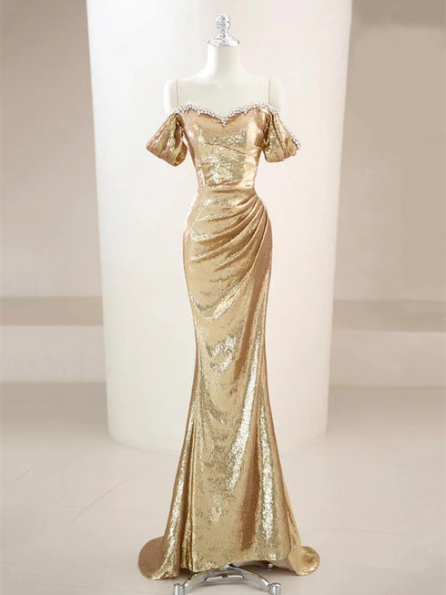 Gold Sequins Sweetheart Beaded Long Prom Dress, Gold Evening Dress Formal Dress