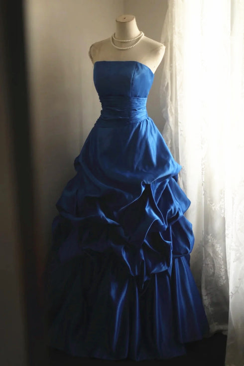 Blue Strapless Taffeta Prom Dress,Blue Elegant Long Party Dress Evening Dress