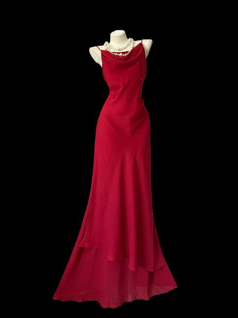 Wine Red Chiffon Straps Long Formal Dress, Wine Red Chiffon Party Dress Prom Dress