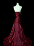 Wine Red Strapless Ruched Prom Dress Taffeta Long Formal Dress With Lace Applique