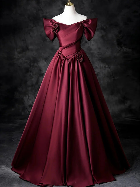 Wine Red Satin Off Shoulder Prom Dress Party Dress, A-line Satin Evening Dress