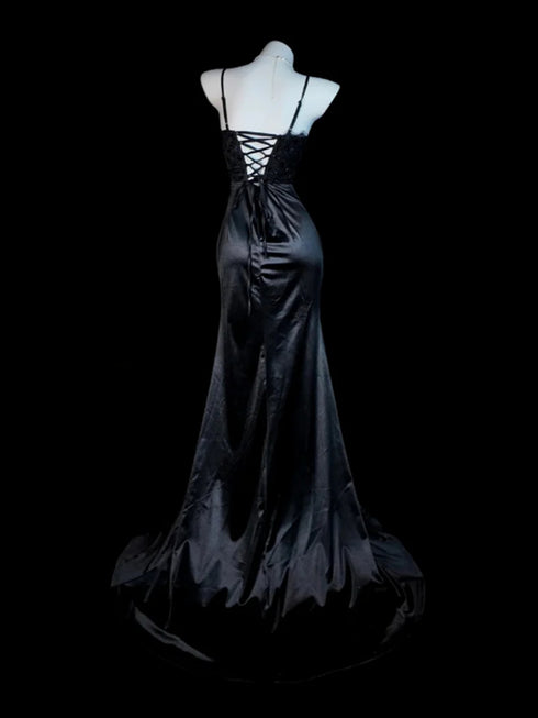 Sexy Spaghetti Strap Ruched Formal Dress Prom Dress, Black Satin Evening Gown with High Slit