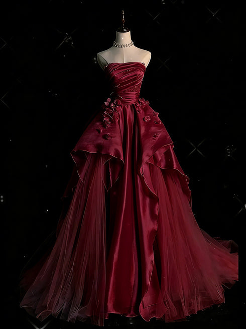 Wine Red Layered Tulle Gown with Floral Prom Dress, Strapless A-line Party Dress Formal Dress