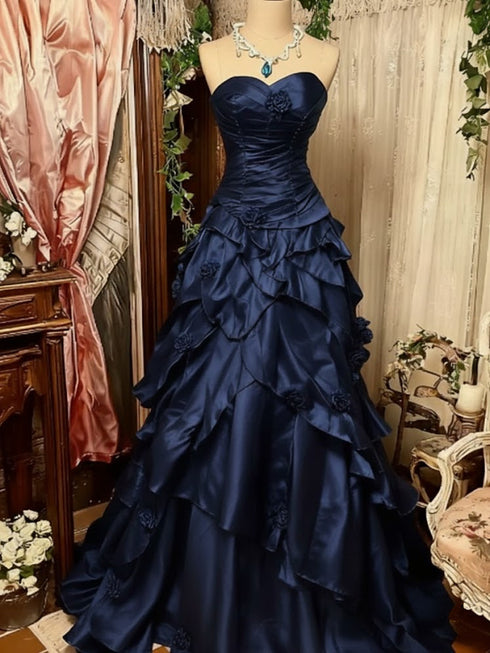 Navy Blue Strapless Ruffled Prom Dress,Elegant Long Navy Blue Party Dress with Flowers