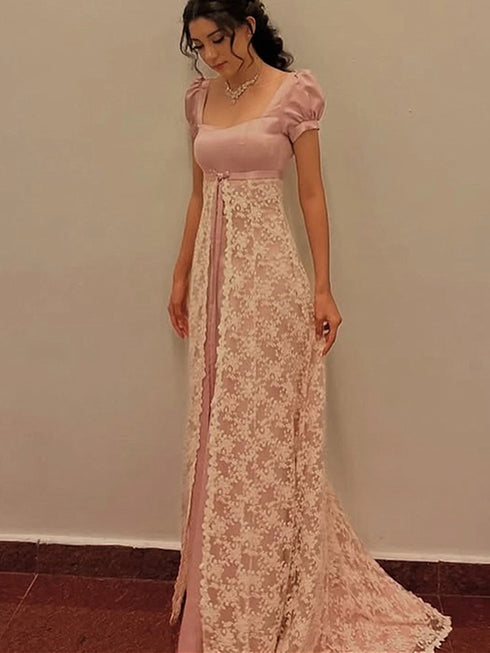 Lovely A-line Pink and Lace Long Prom Dress, Pink Short Sleeves Wedding Party Dress