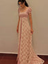 Lovely A-line Pink and Lace Long Prom Dress, Pink Short Sleeves Wedding Party Dress