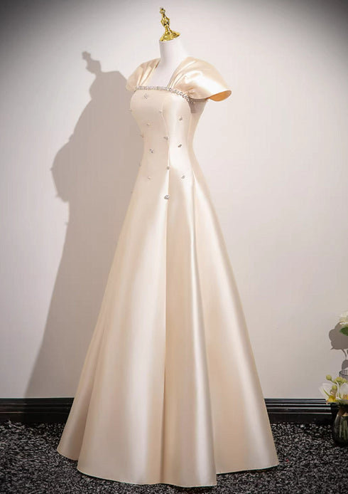 Elegant Champagne Satin Beaded A-Line Prom Dress, Cap Sleeves Evening Gown