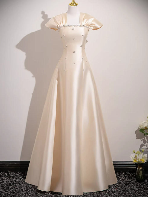 Elegant Champagne Satin Beaded A-Line Prom Dress, Cap Sleeves Evening Gown