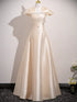 Elegant Champagne Satin Beaded A-Line Prom Dress, Cap Sleeves Evening Gown